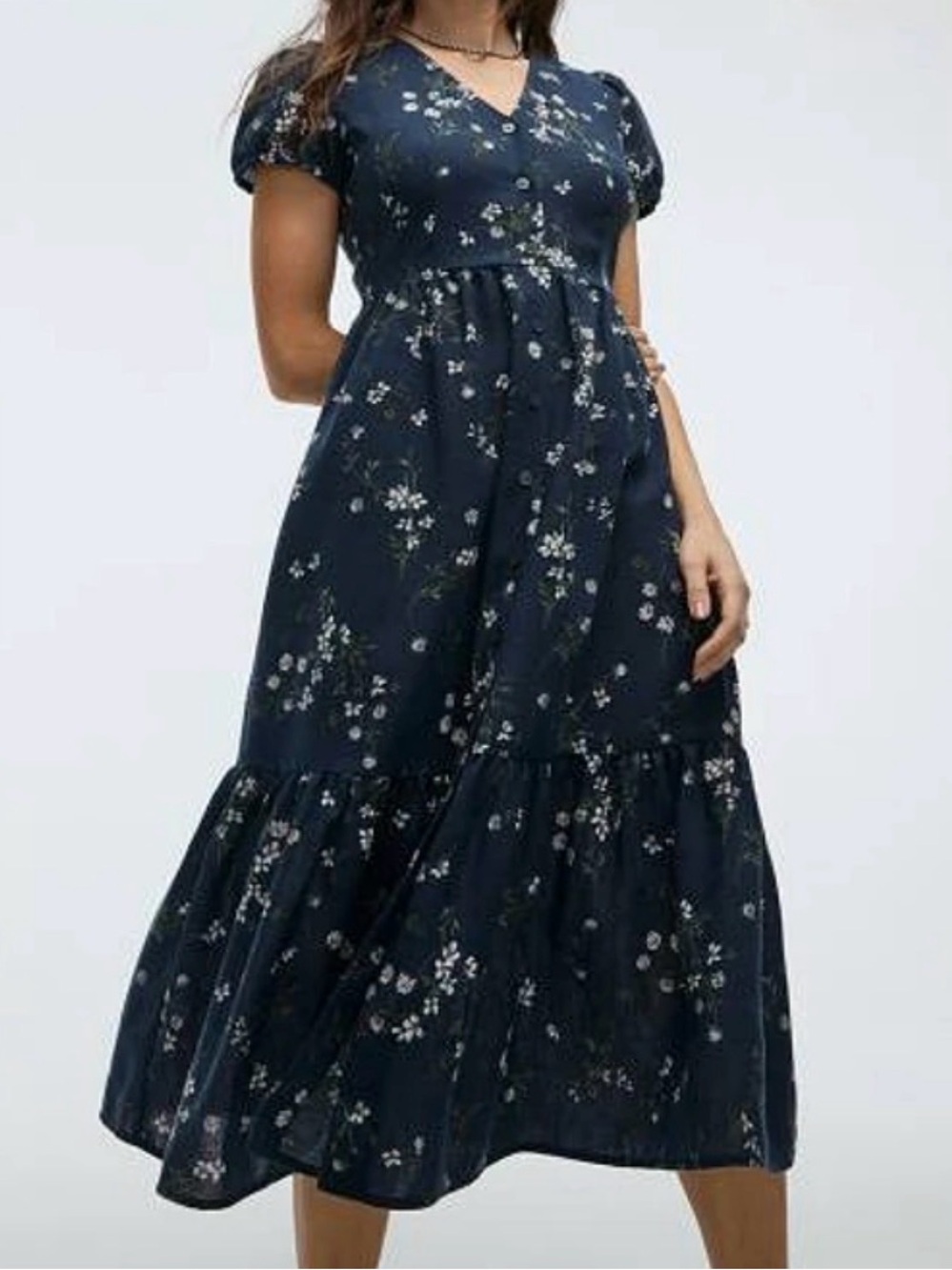 Reitmans Navy Floral Tiered Midi Dress - Women- L